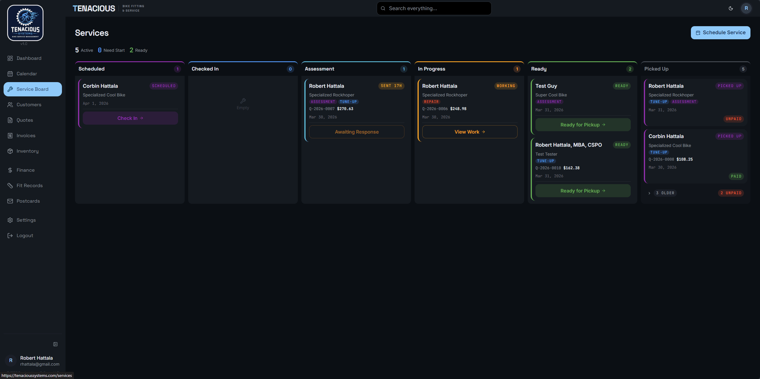 Tenacious Systems — kanban service board for bike shops